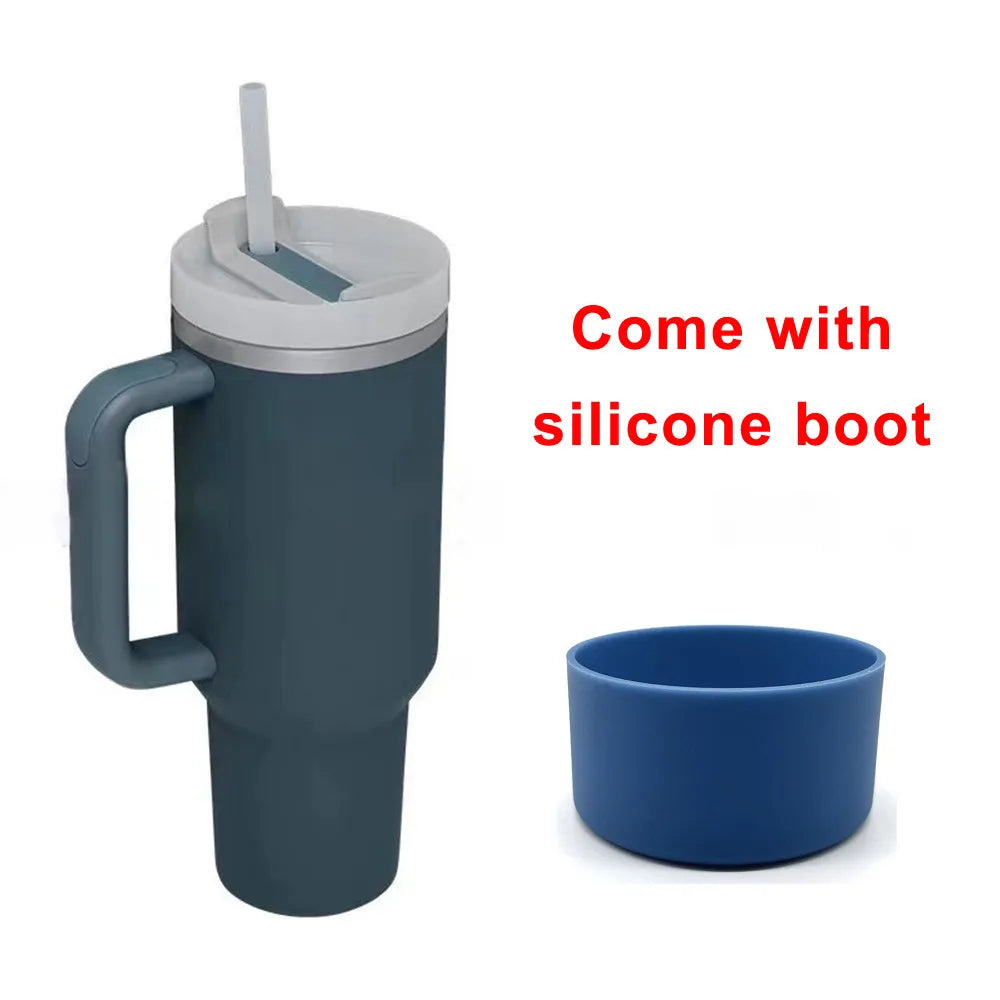 40oz Tumbler with Handle Straw and Silicone Boom Stainless Steel Vacuum Thermos Cup Large Capacity Travel Car Coffee Mug Logo