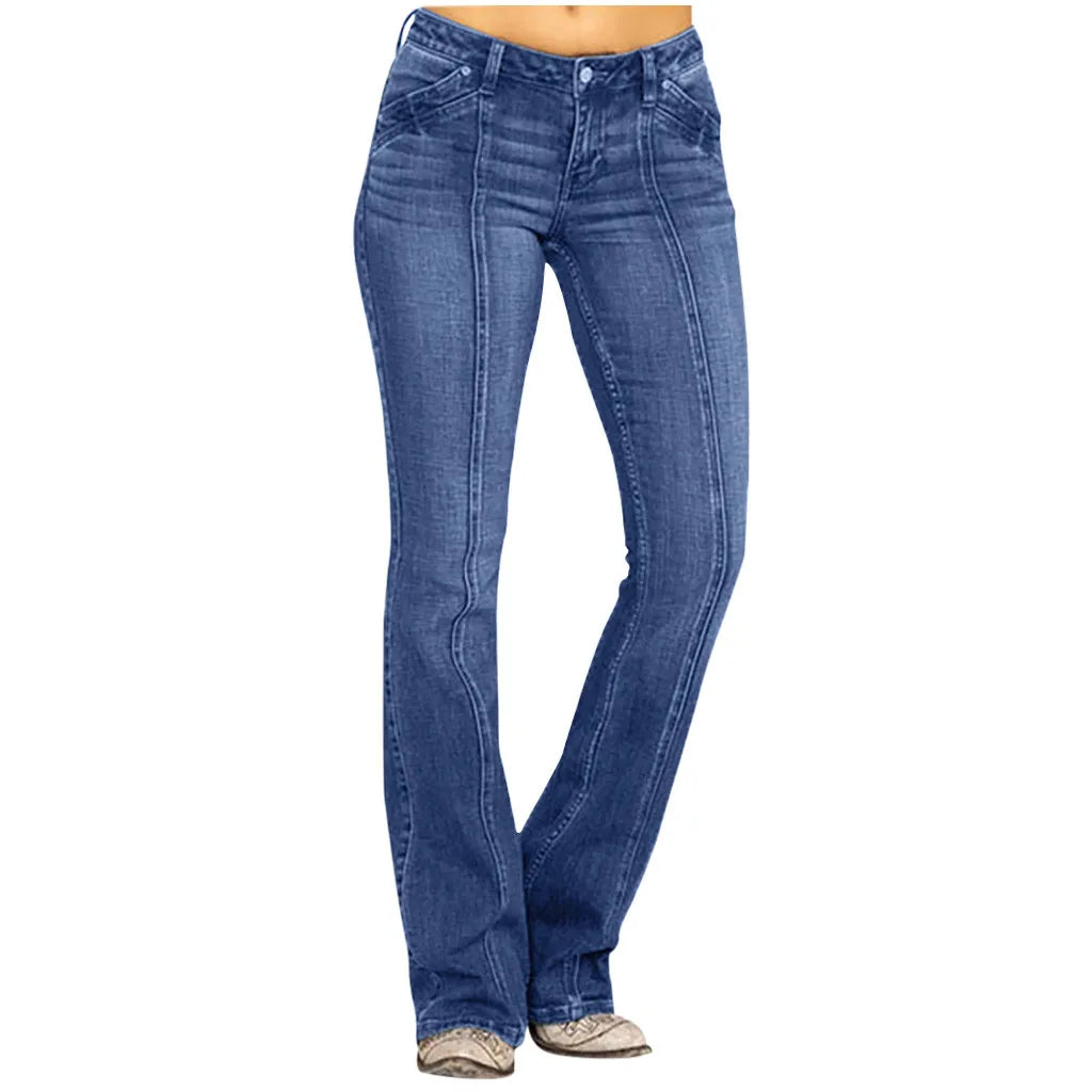 Denim Jeans For Women Mid Waisted Denim Jeans Embroidery Stretch Button Flare Pants Jeans Loose Casual Straight Jeans Vaqueros