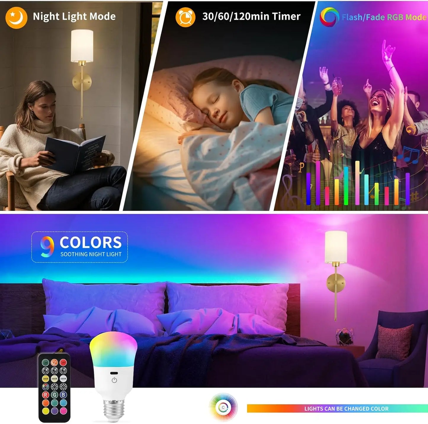 Usb Rechargeable Light Bulb with Remote Control Dim & RGB, Timer, Backup Emergency Light for Home or Outdoor
