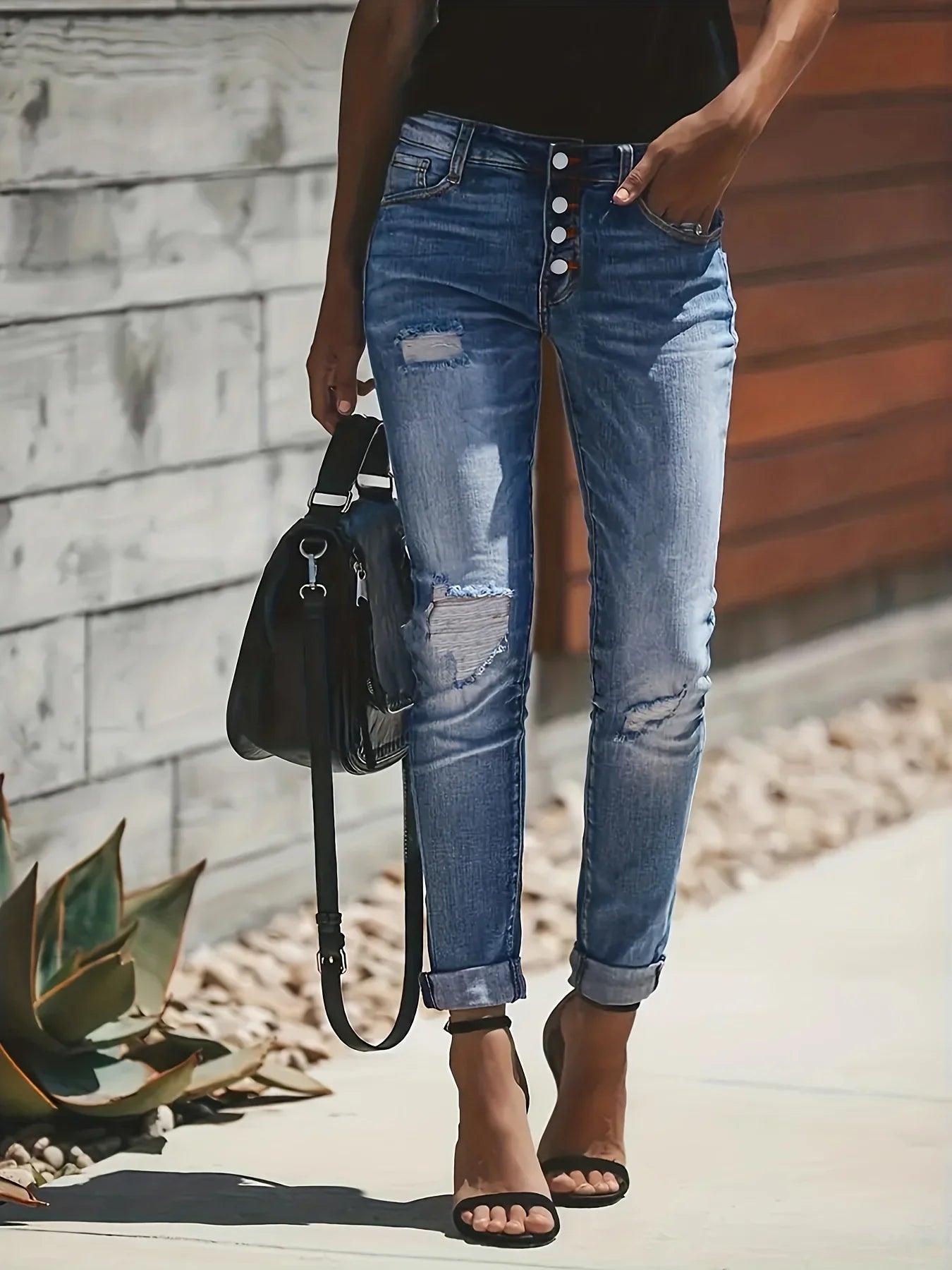 Blue Ripped Holes Denim Jeans, Slim Fit Single-Breasted Button High-Stretch Casual Denim Pants, Women's Denim Jeans