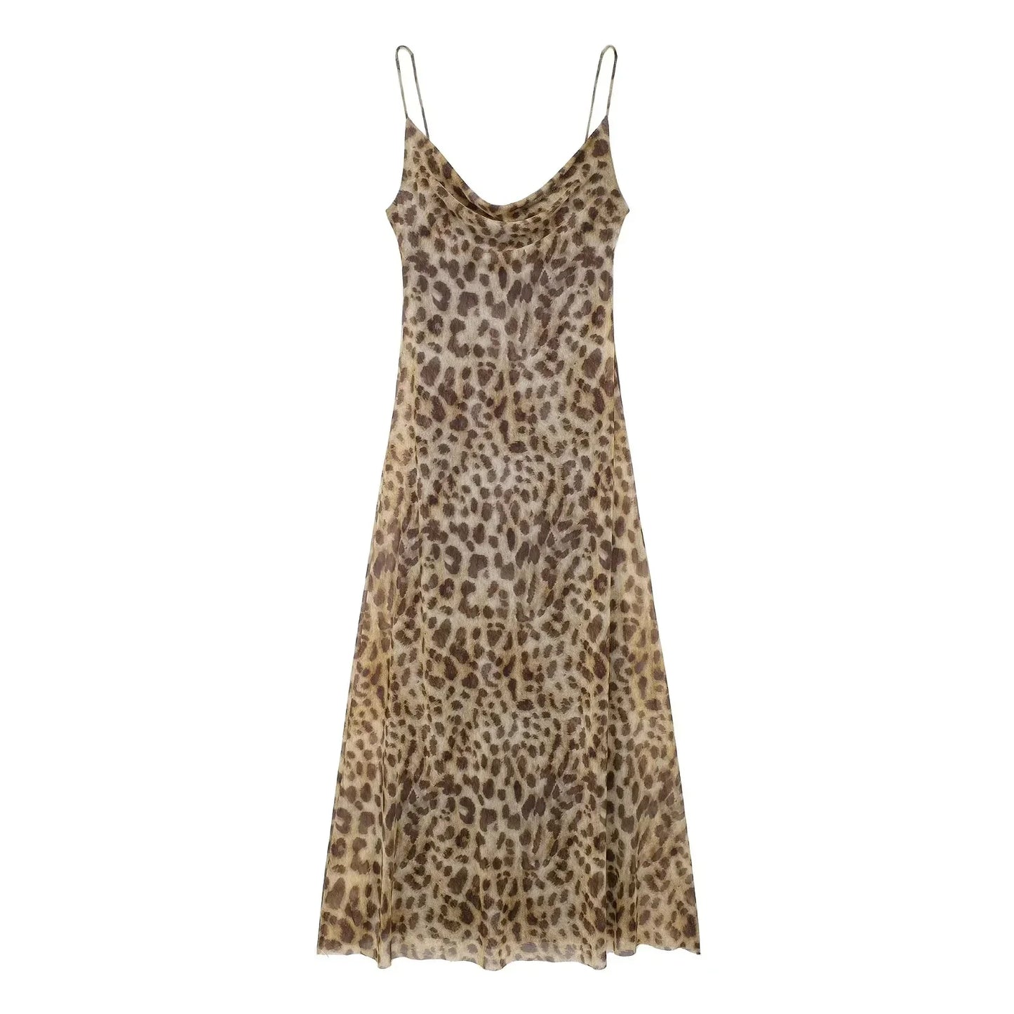 TRAFZA Vintage Leopard Print Chiffon Sexy Cami Dress Women V Neck Sleeveless Party Dress Fashion 2024 Summer Streetwear Dress