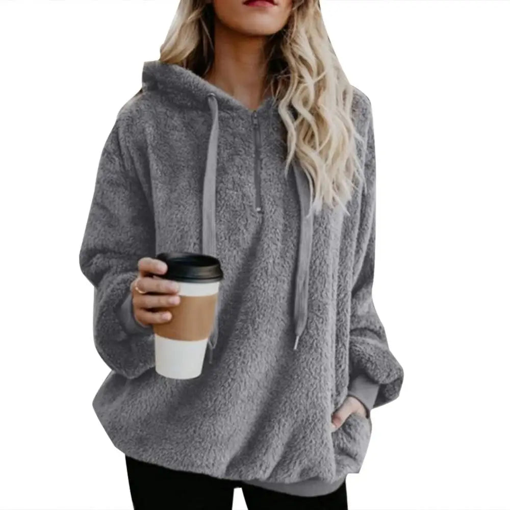 Winter Hoodies Long Sleeve Two Pockets Pullover Sweatshirt Plush Turtleneck Zipper Neck Women Fluffy Sweatshirt Outerwear