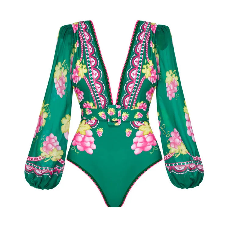 Retro Green Bikini Printed Fashion One Piece Swimsuit And Cover Up With Skirt Tight Women's Bandage Summer Beach Luxury Elegant