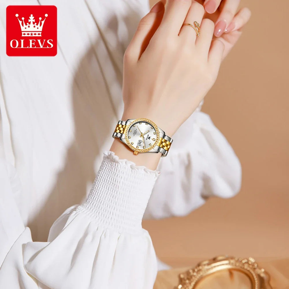 OLEVS Top Brand Women's Watches Elegant Simple Original Quartz Watch for Man Diamond Dial Waterproof Luminous Date Wristwatch