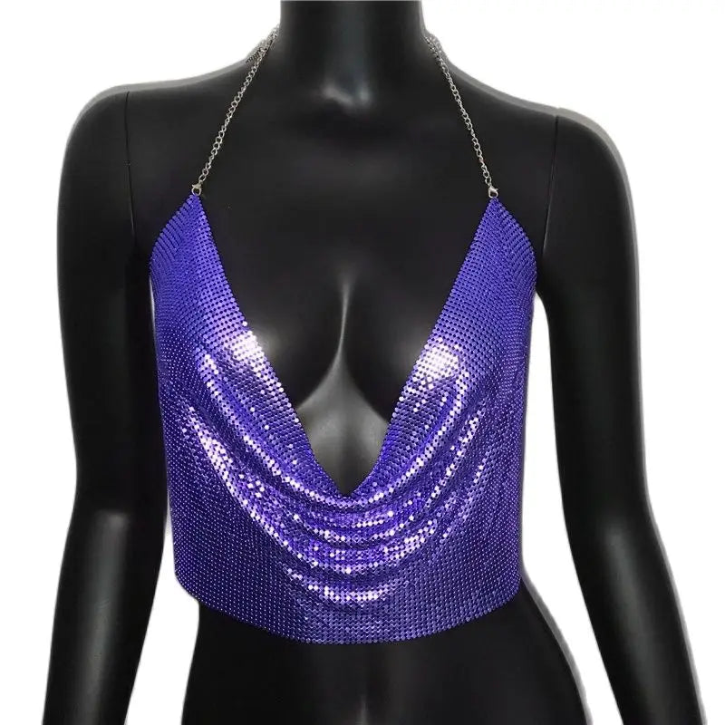 AKYZO Women 2023 Sexy Metal Sequined Tank Camis Summer Gold Silver Backless Cropped Glitter Beach Club Show Wear Tank Tops