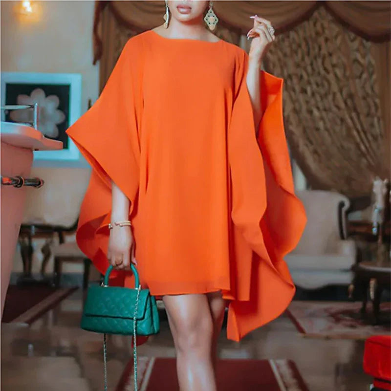 Lemongor 2024 New Elegant Batwing Sleeve Party Evening Orange Dress Summer Fashion Solid Color Round-neck Mini Dresses For Women