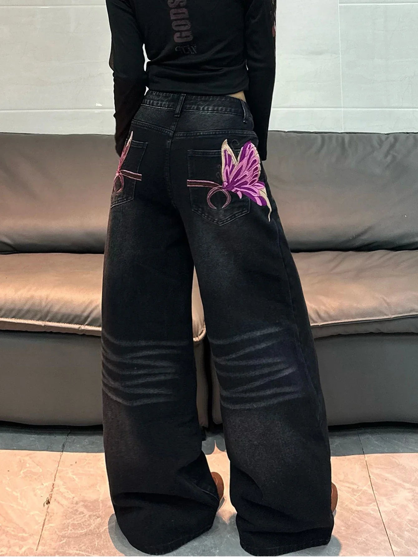 American Vintage Butterfly Embroidery Design Black Women's Loose Wide-Leg Jeans Y2K Street Fashion Versatile Straight-Leg Pants