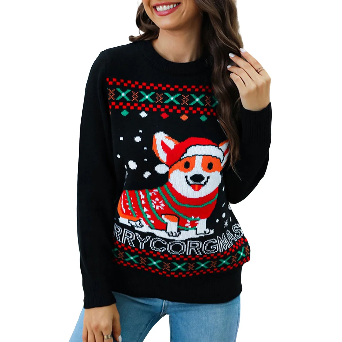 Women s Christmas Knit Sweater Long Sleeve Crewneck Christmas Tree Santa Claus Print Casual Knitwear