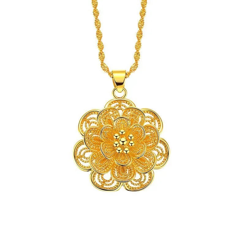 24K Gold Color Flower Pendant Necklaces for Women 18 Inch Water Wave