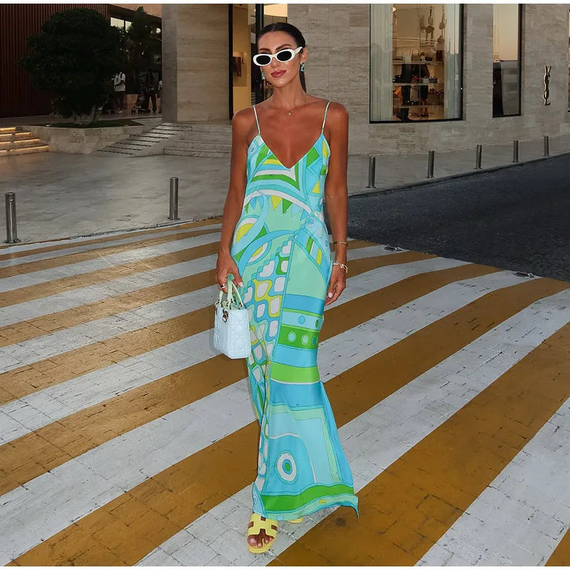 Chic Print Sling Long Dress Women Sleevless Backless Side Split Party Dresses 2025 Summer Street Beach Lady Ankle-length Robes