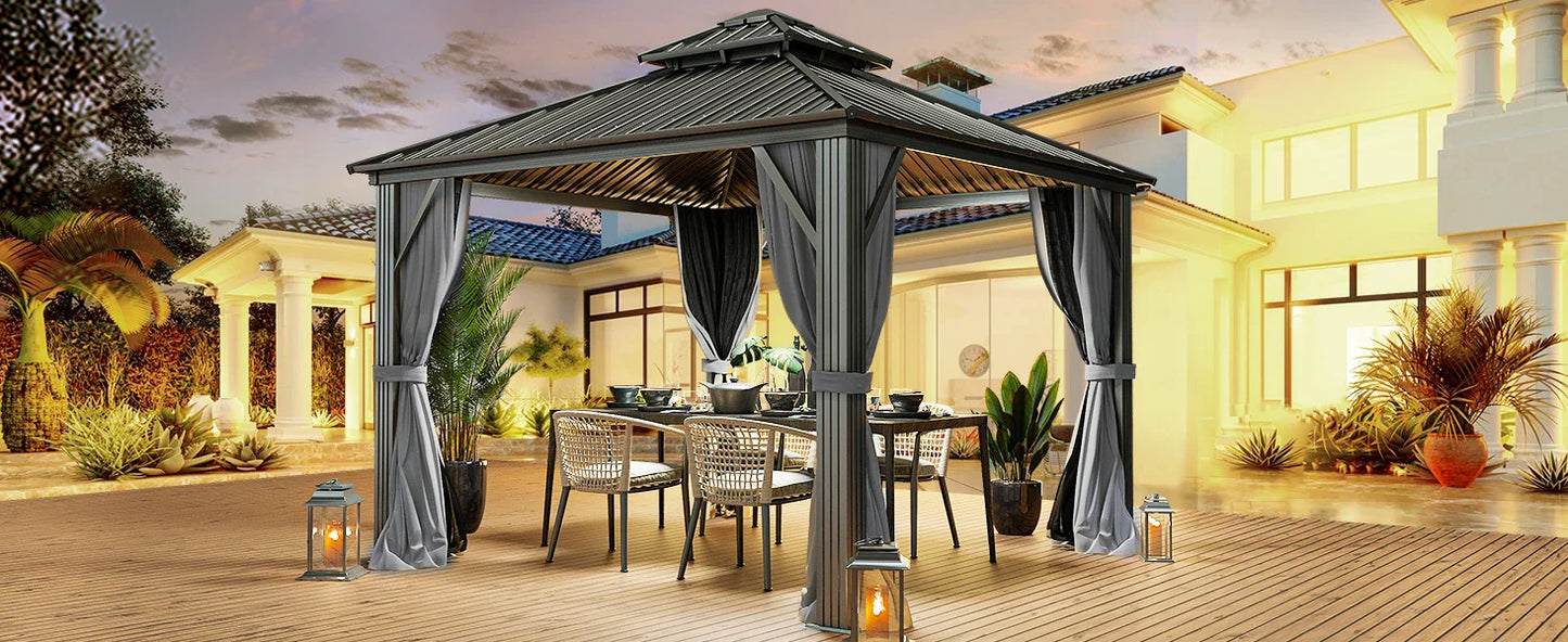 10x10ft Hardtop Gazebo, Nettings and Curtains, Heavy Duty Double Roof Galvanized Steel Outdoor Combined of Vertical Stripes Roof