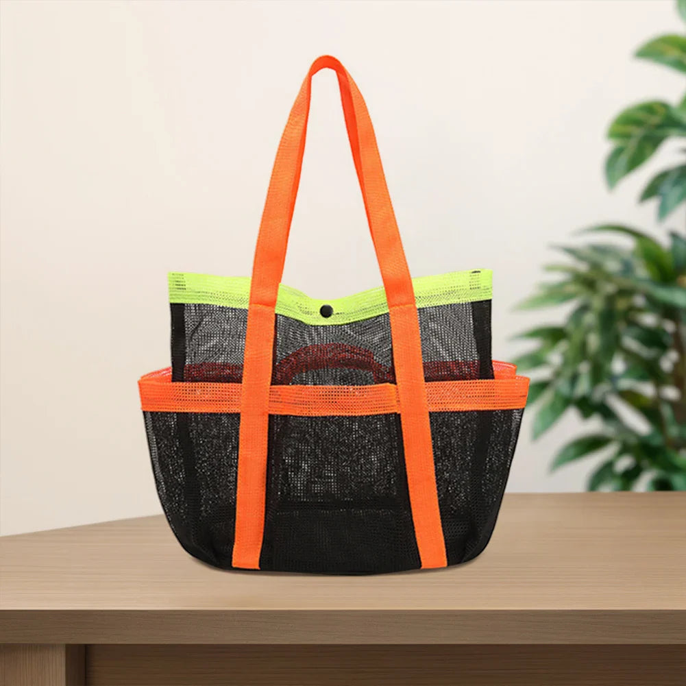 Mesh Beach Bag Large Beach Tote Bag Lightweight Sand Toy Organizer Bag Waterproof 7 Pockets for Cruise Swim Vacation Essentials