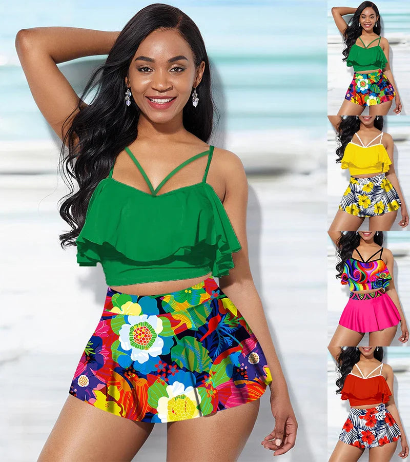High quality design sexy women's bikini pool swimsuit retro oil painting flower print ruffle edge swimsuit  S-5XL