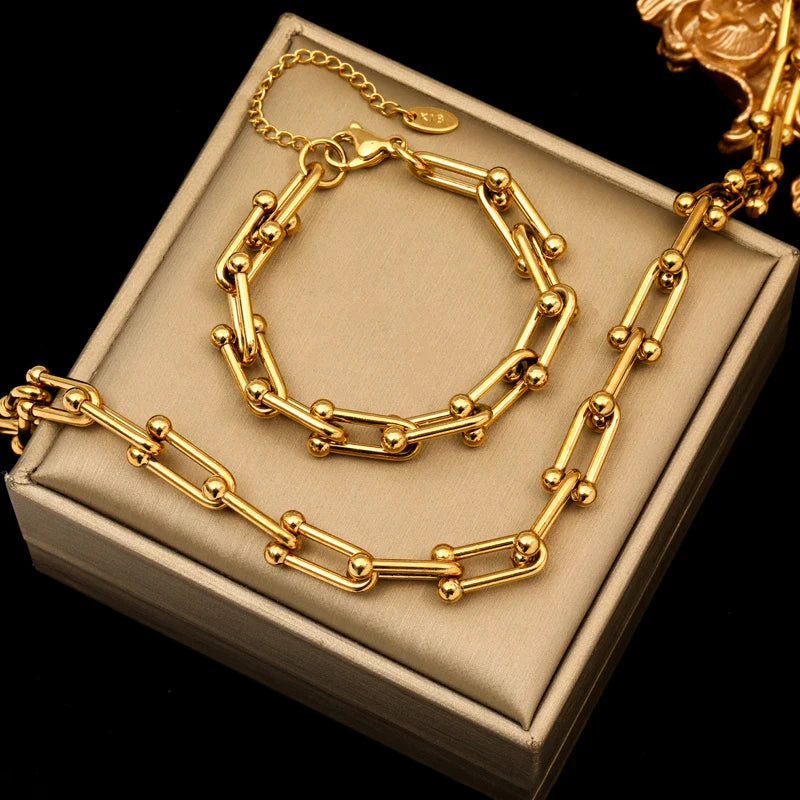 EILIECK 316L Stainless Steel Gold Color Thick Chain Necklace Bracelet For Women Girl New Fashion Waterproof Jewelry Set Gift