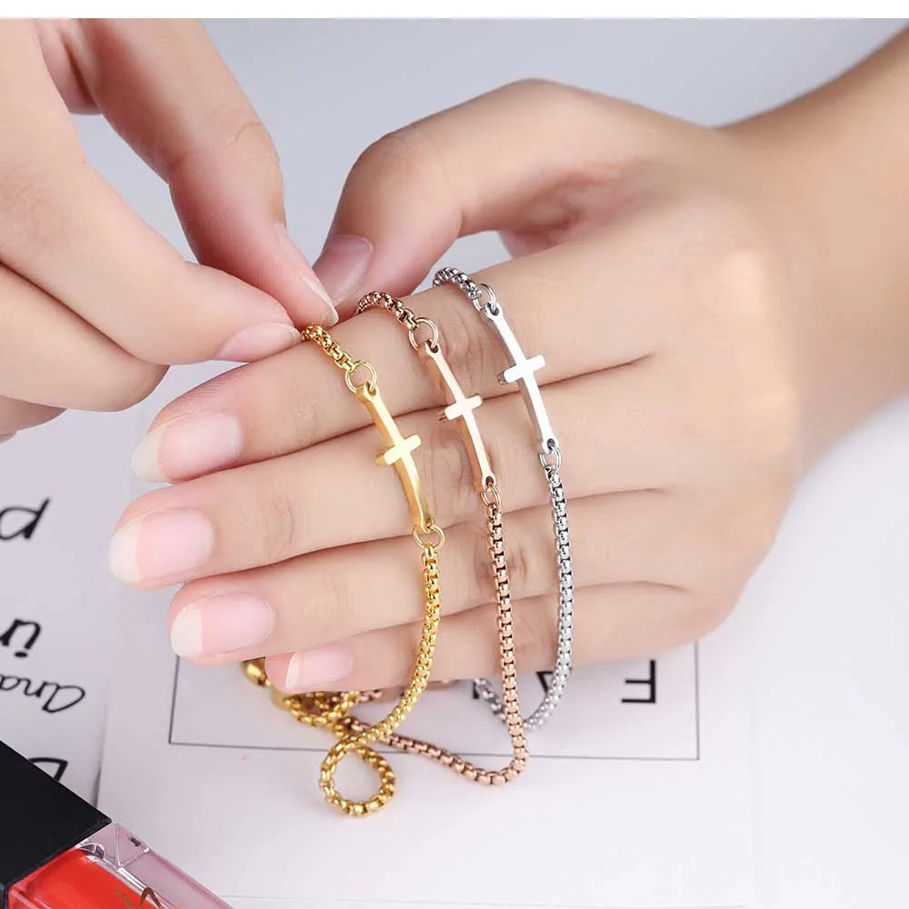 Lokaer Simple Student Cross Bracelet Friendship Jewelry Birthday Gifts Stainless Steel Women's Charm Bracelet Box Chain B17097