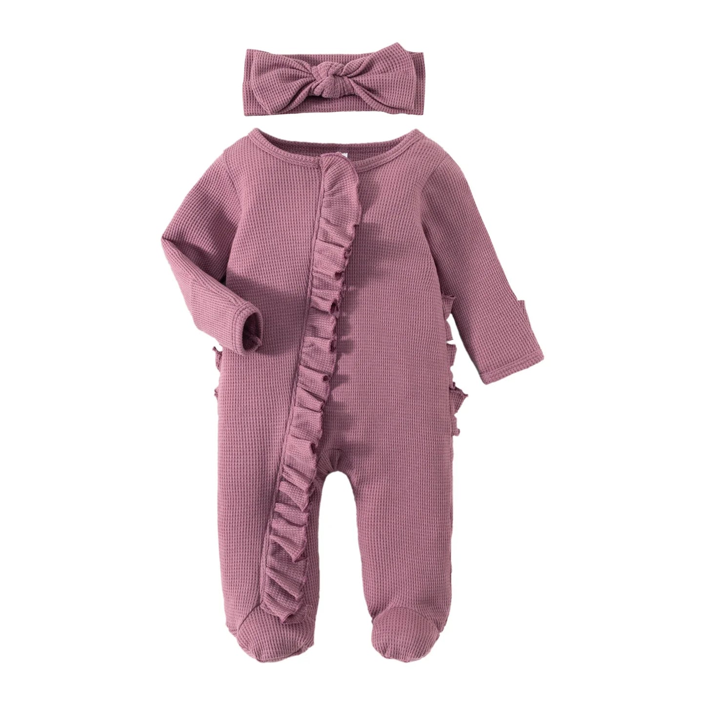 Infant BabyGirl Footies Rompers Solid Color Long Sleeve Jumpsuits Winter Fall Clothes Bodysuits with Headband