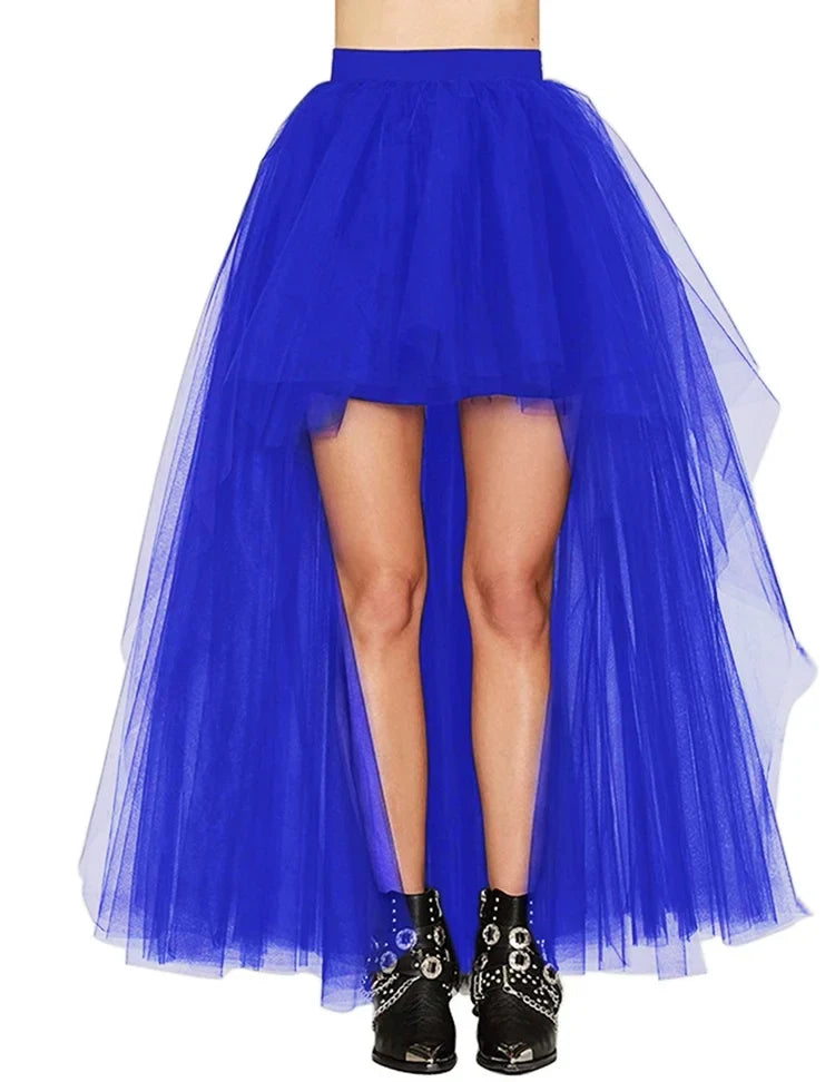 MisShow Gothic Women Hi-Lo Long Tulle Tutu Punk Skirt Elastic Waist High Low Mesh Net Halloween Cosplay Costume Maxi Skirts