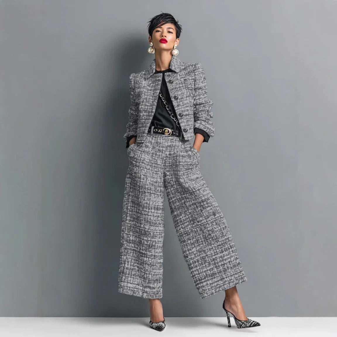 Women's Elegant Short Jackets With Wide Leg Pants Two Pieces Sets Winter New Stand Neck Button Coats Casual Autumn 2026 Outfits