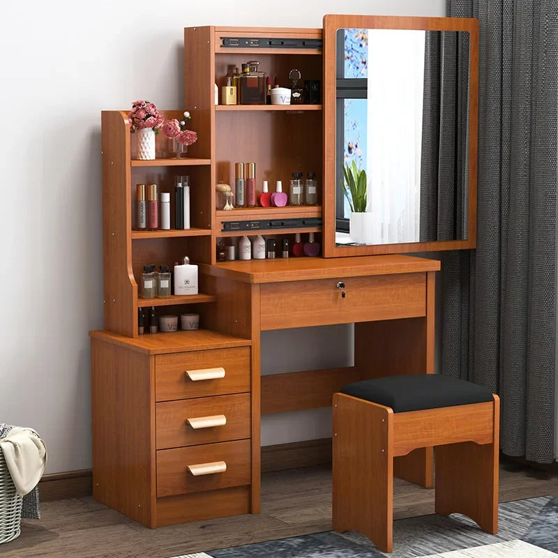 Wooden Table with Mirror, Home Makeup Table, 4 Drawers, Vanity Set with Folding Mirror