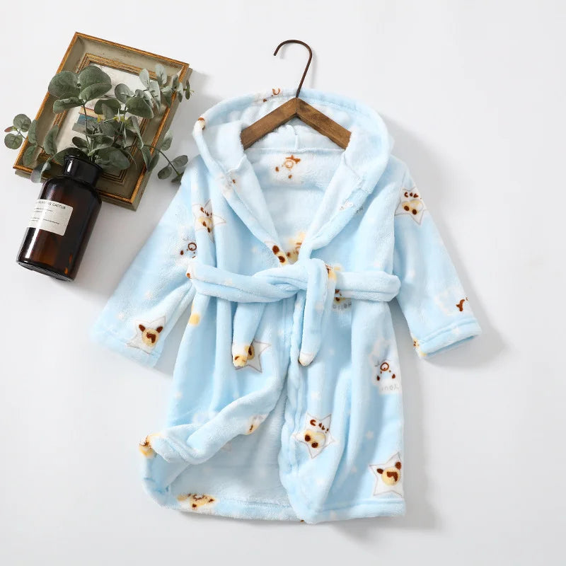 Winter Children Flannel Bath Robe Baby Cartoon Printed Hooded Bathrobe Baby Boy Girl Pajamas Kids Sleepwear Robe Nightgown