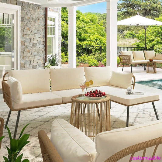 3 Pieces Patio Furniture Set, Outdoor Wicker Conversation Sectional L-Shaped Sofa with 4 Seater.