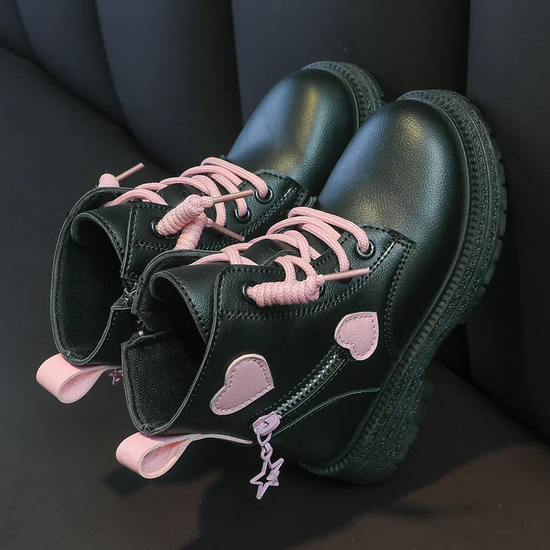 Girls Boots Kids Fashion Rubber Autumn and Winter, Cotton Soft Sole Pink with Love, Side Zip Princess Round-toe.