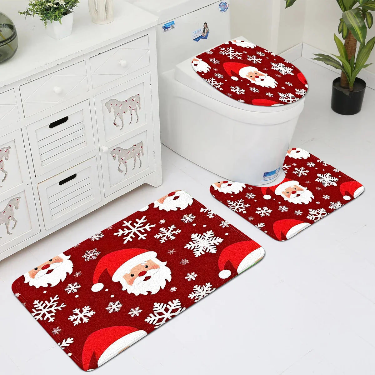 A snowflake Christmas style toilet mat can be purchased individually, or assembled as a set for bathroom carpets.
