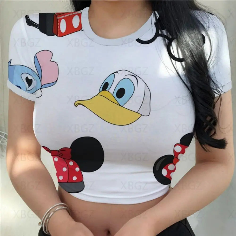 T-shirts Slim Fit Y2k Print Woman Clothes Cartoon Fashion Blouses 2024 Sexy Women's T-shirt Mickey Crop Top Minnie Mouse Disney