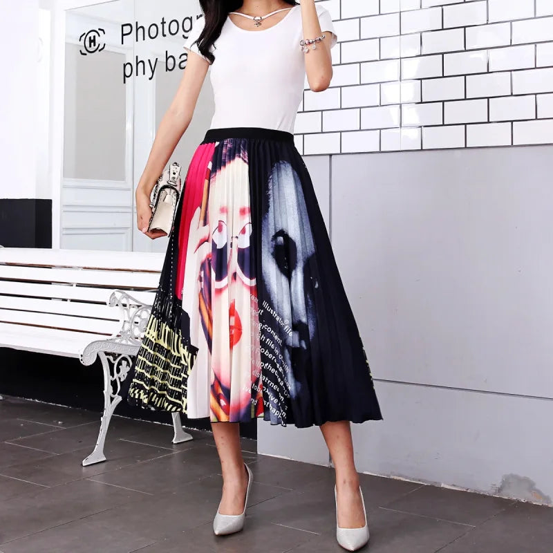 2023 Summer Women Cartoon Print Pleated Skirts A Line High Waisted Elastic Midi Long Skirt Ladies Party Korean Style Dresses