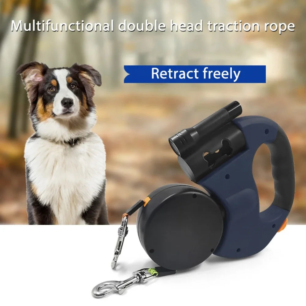 Double Head Dog Leash 360 Degree Nylon Traction Rope Automatic Retractable Outdoor Walking Leash Pet Accessories With Light
