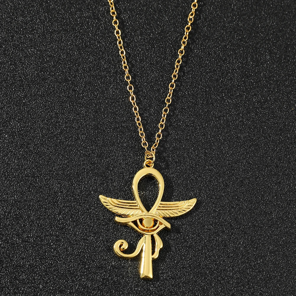 Eye Of Horus Ankh Necklace Women Men Ancient Egypt Wing Ankh Cross Pendant Necklaces Choker Silver Gold Plated Religious Jewelry