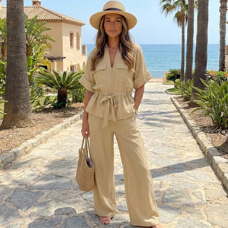 Women Fashion 2 Piece Set Solid Front Zipper Shirts & Vintage High Elastic Waist Trousers Female.