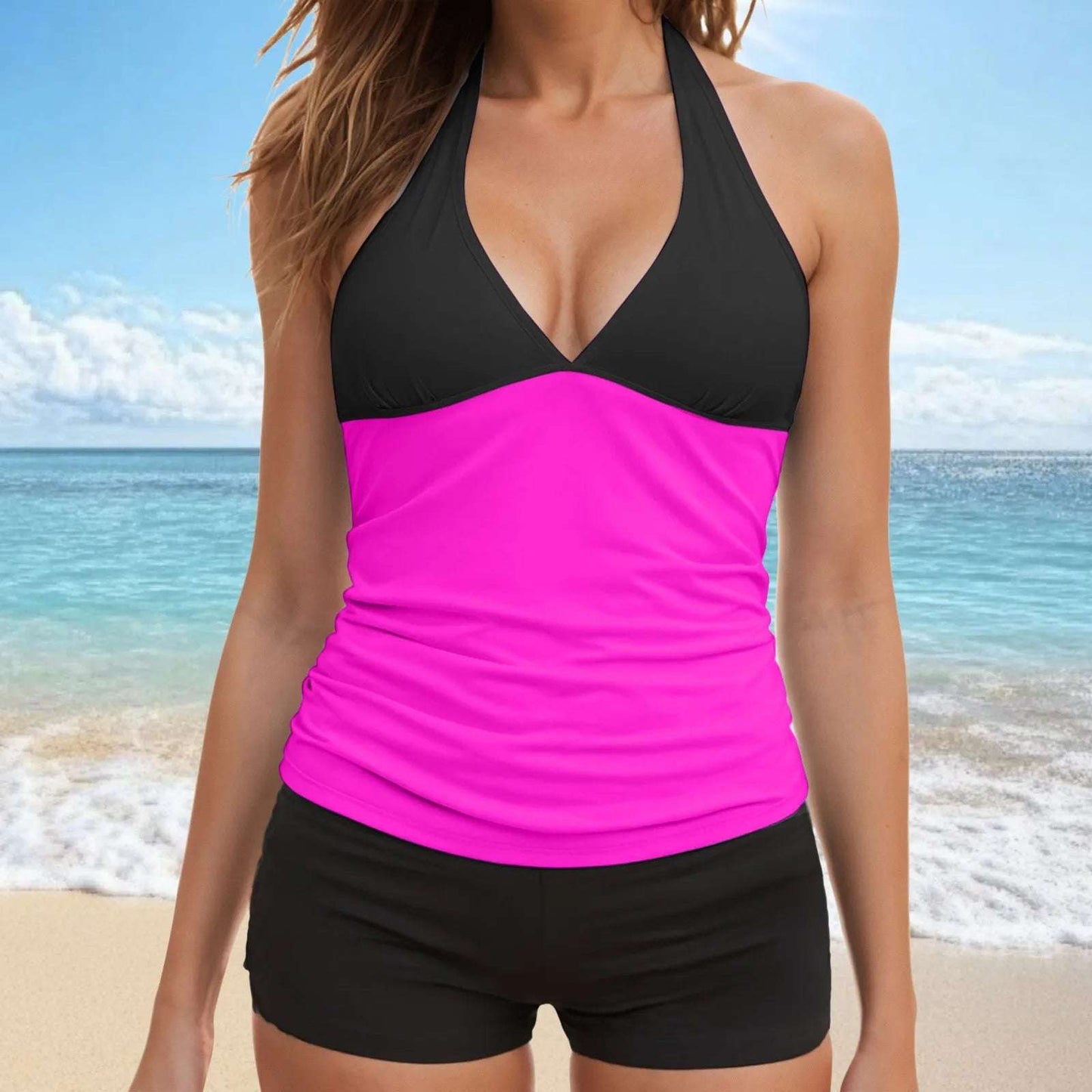 Women Fashion Two Piece Tankini Swimsuit Halter V Neck Backless Tops Tight Shorts Beachwear Ladies Swimsuit Trajes De BañO Mujer