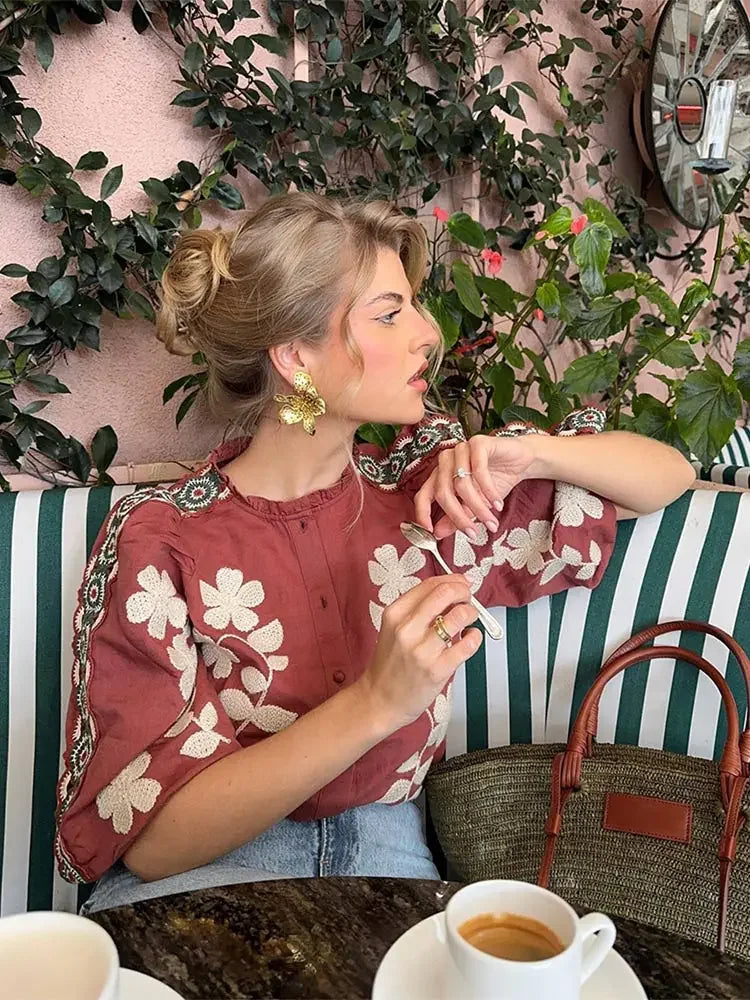 Vintage Elegant Embroidery Women's Blouse Fashion O-neck Elbow-length Puffed Sleeve Shirt 2024 Spring Lady Party Chic Streetwear