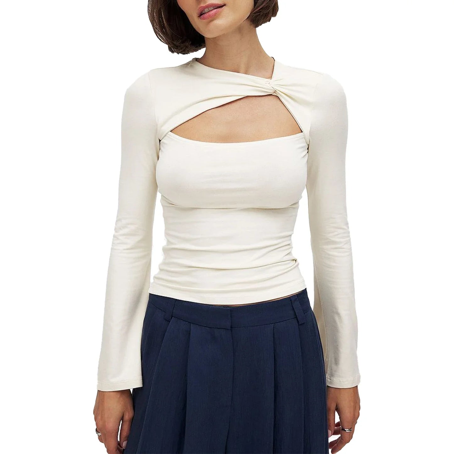 Women s Summer  Tops Solid Color Twist Cutout Front Long Sleeve T-Shirt Streetwear