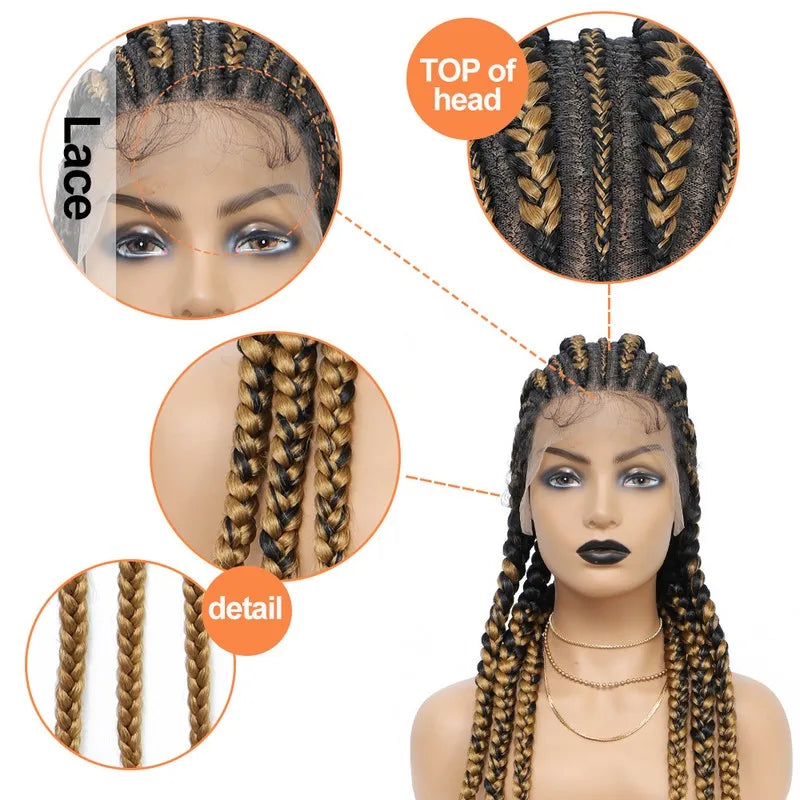 36 Inches Cornrows Braided Wigs Synthetic Full Lace Wig For Black Women Jumbo Braided Wigs Lace Frontal Faux Locs Box Braids Wig