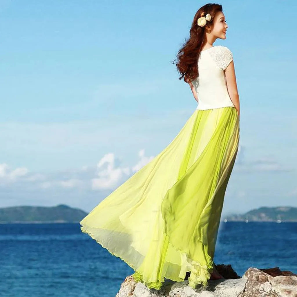 Floor Length Skirt Fashion Full Flowing Circle Color Women Chiffon Bohemian Styel Large Swing Sheer Breath Skirt for Cocktail