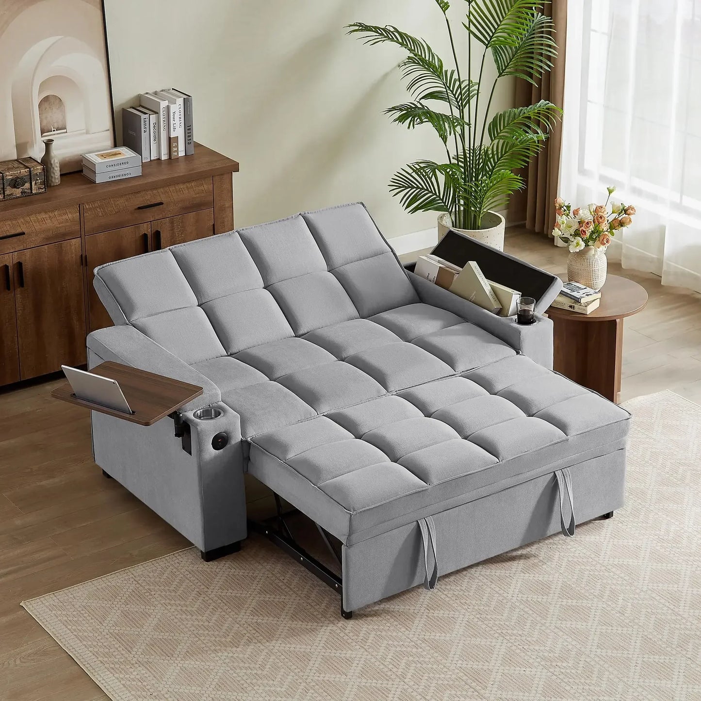 hansones 65'' 3-in-1 Folding Convertible Sofa Bed, Pullout Sofa, Modern Chenille Fabric, 360° Swivel Side Table, Easy Assembly,