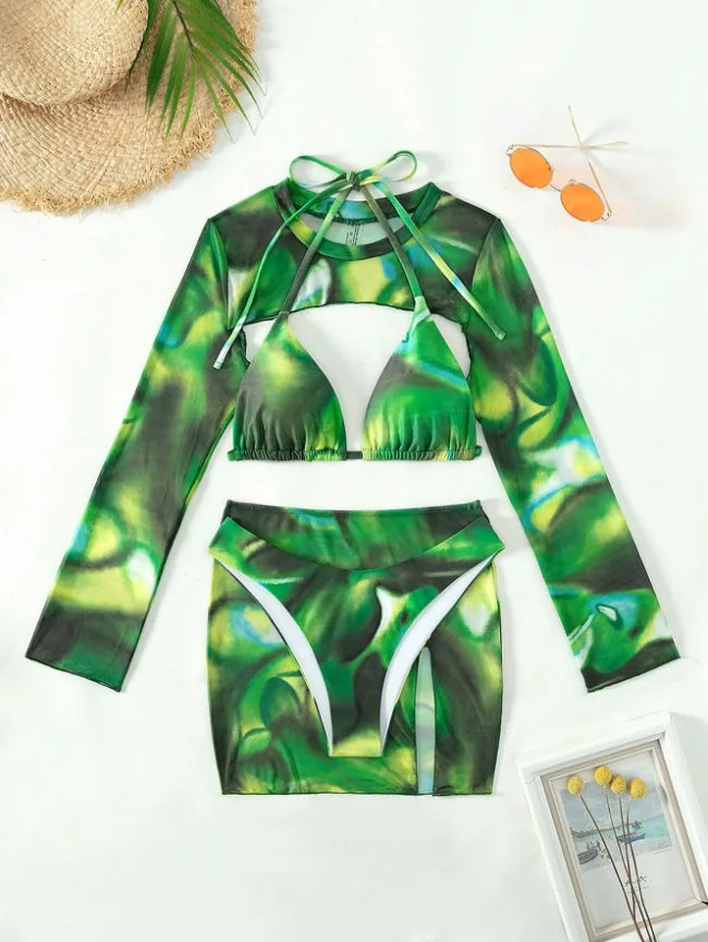 Swimming Suit Long Sleeved Sexy Split Swimsuit Women's Bikini Hanging Neck Strap Swimwear Summer Beachwear Print Female Clothes