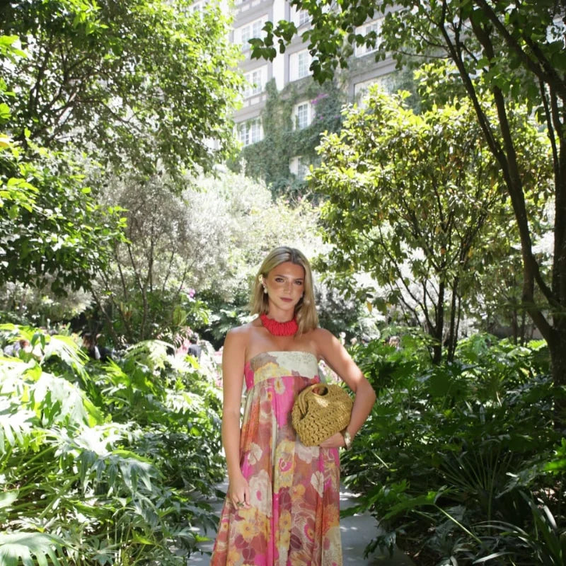 Retro Printed Strapless Long Dress Fashion Women's Sleeveless Off Shoulder Pleated Vestidos 2025 Summer Lady Beach Party Robes
