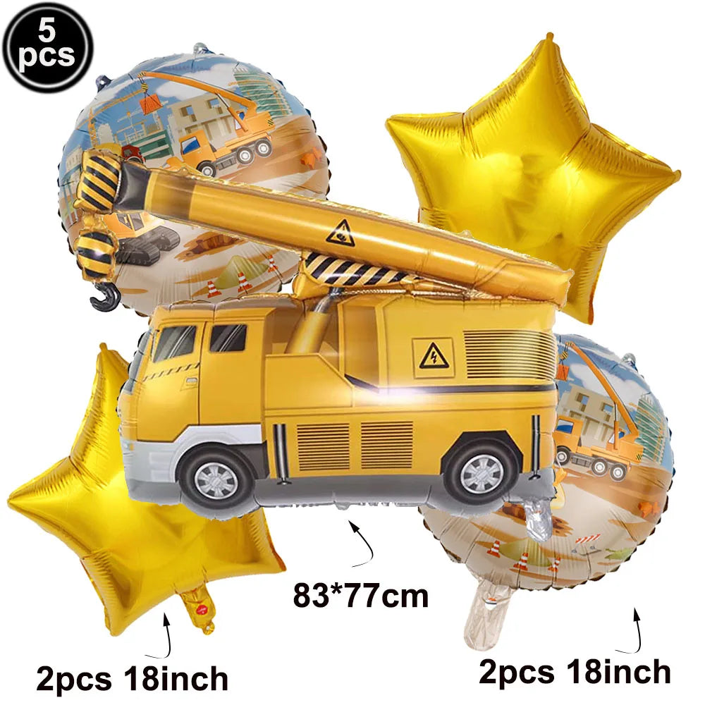 5pcs Construction Themed Balloon Carton Vehicle Balloon Excavator Forklift Crane Balloons for Boy's Construction Birthday Party