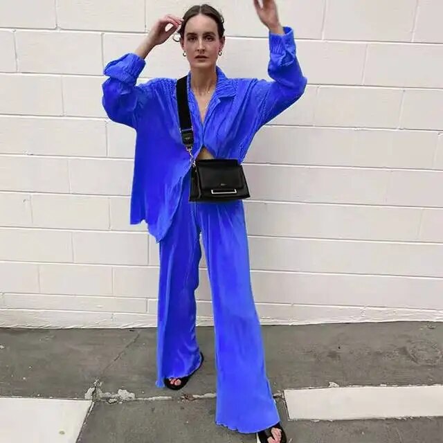 Women's Orange Long Sleeve Shirt Suit, Chiffon Tops, Wide Leg Pant, Sexy 2-Piece Set, Street Sweatsuit, Fitness Pit Strip Jacket