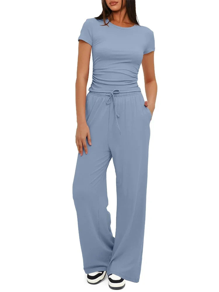 Summer Solid Loose Casual Tracksuit Women's Two Pieces Set O Neck Short Sleeves T-shirts and Wide Leg Pants Sets Sportswear Set