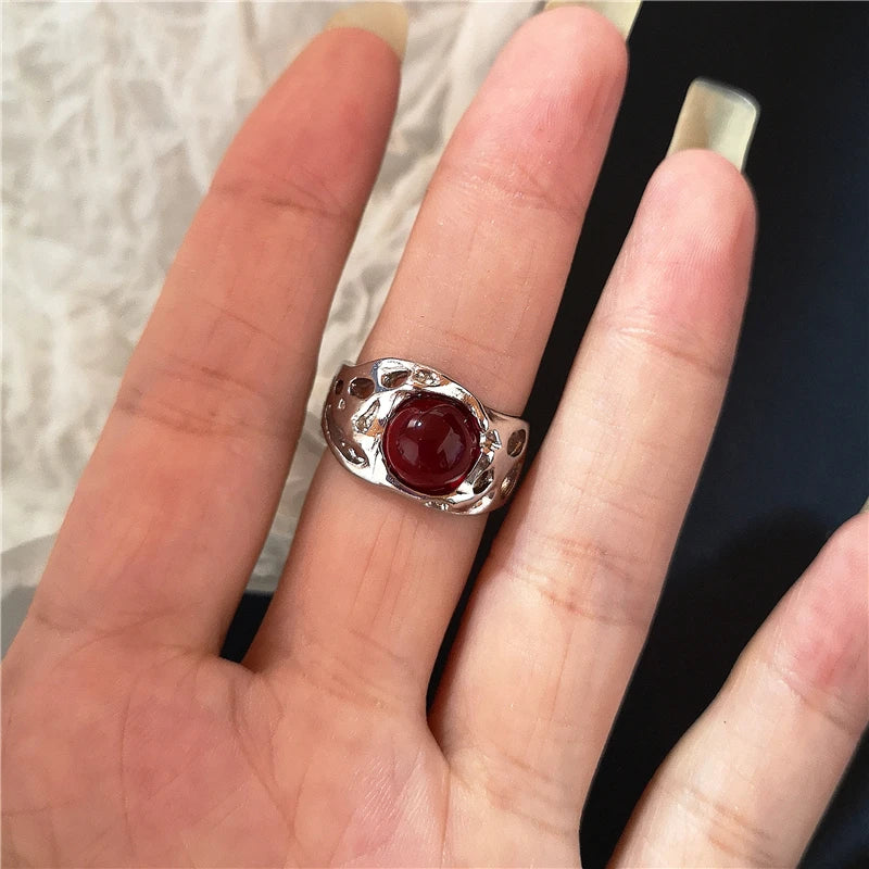 Goth Punk Vintage Red Crystal Love Heart Cross Geometry Irregular Open Ring Set Y2K Halloween Accessories For Women Kpop Jewelry