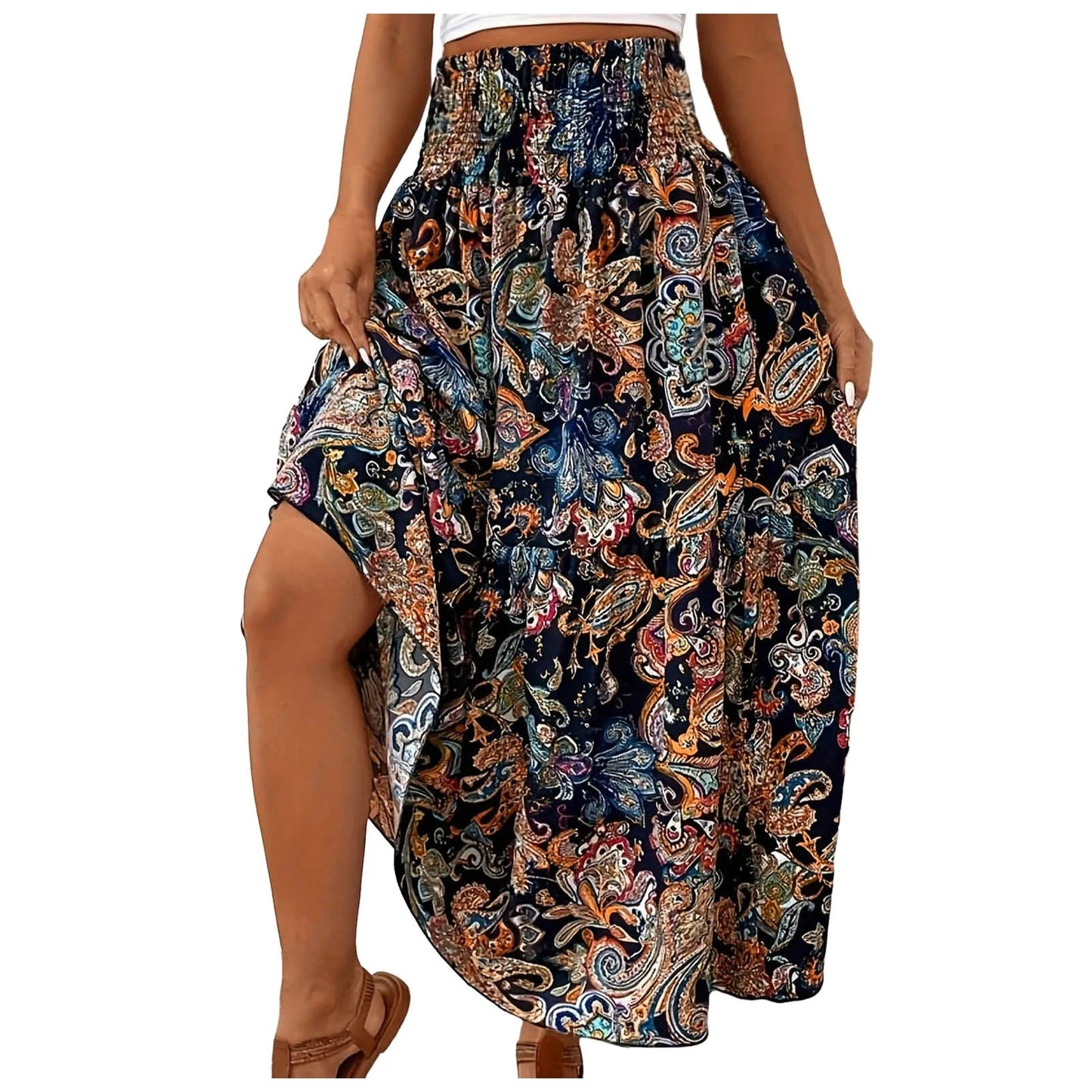 Vintage Boho Skirts For Women Summer Elastic Waist A-Line Faldas Bohemian Printed Flowy Skirt Beachside Swing Maxi Long Skirts