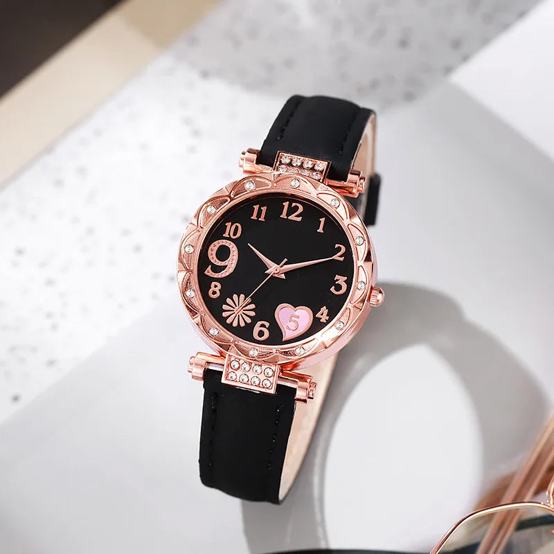 2/1PCS Fashion Heart Dial Women's Watches Luxury Leather Band Quartz Watch Rhinestone Bracelet Set Female Relogio Feminino