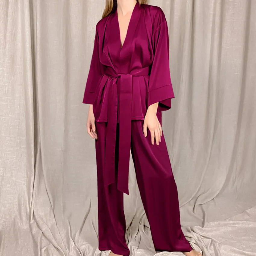 Women's 2024 Matching Sets Pajamas With Belt Satin Tow Pieces Suit Soft Loose Pyjamas Casual Solid Sleepwear Female Home Clothes