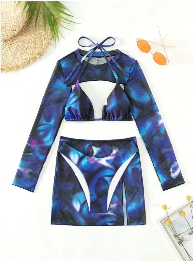 Swimming Suit Long Sleeved Sexy Split Swimsuit Women's Bikini Hanging Neck Strap Swimwear Summer Beachwear Print Female Clothes