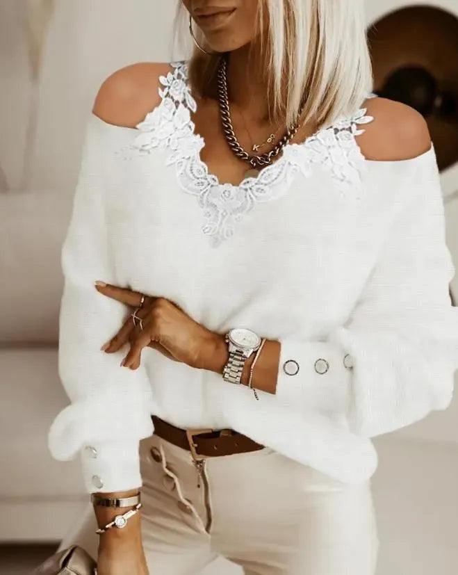 New White Sweater Women V Neck Lace Stitching Hollow Out Long Sleeves Fashion Loose Sweaters Elegant High Quality Tops