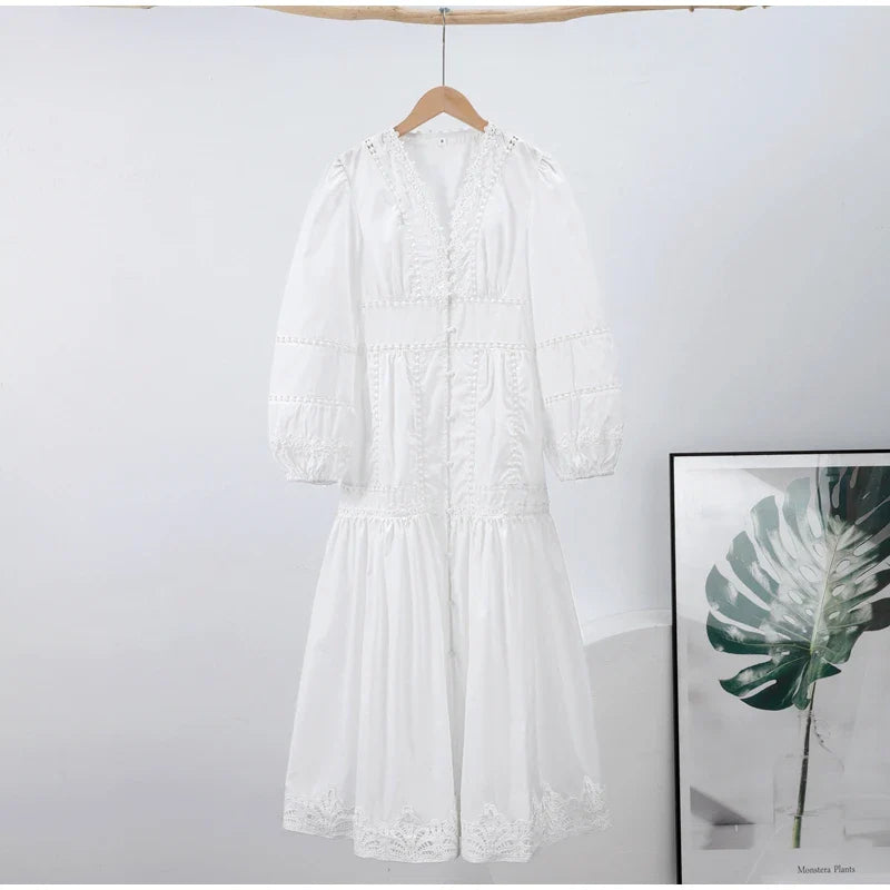 Elegant Lace Hollow Out Women's Long Dress Solid V-neck Patchwork Puff Sleeve Bodycon Dressess Female 2025 Spring New Lady Robes